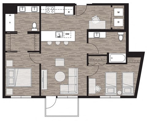 2 bed 2 bath floor plan F at Riverfront Everett, Washington
